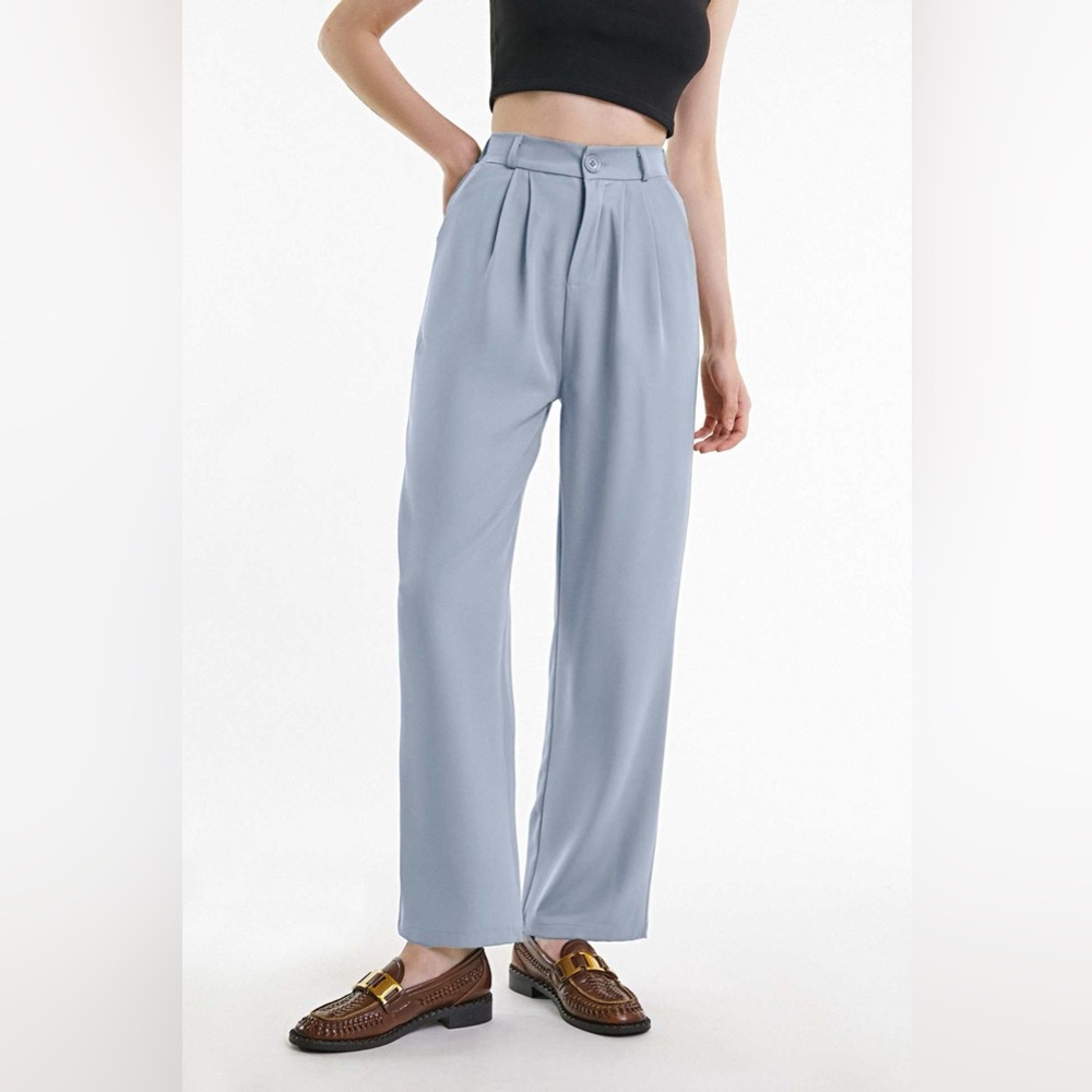NWT J.ING Light Steel Blue Half Elastic Pleat Detail Wide Leg Suit Pants, Large